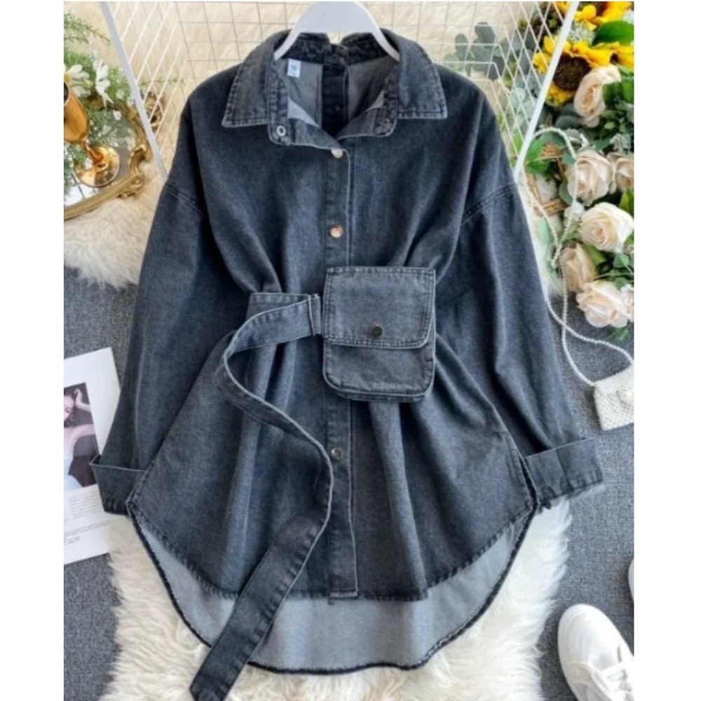 NWT Black Denim Long Sleeves Belted Button-Down Wasted Shirt